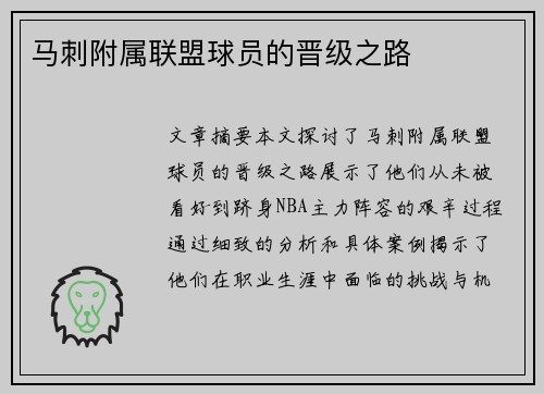 马刺附属联盟球员的晋级之路